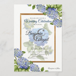 Blue Hydrangea Bouquet Gold Elegant Floral Wedding Invitation