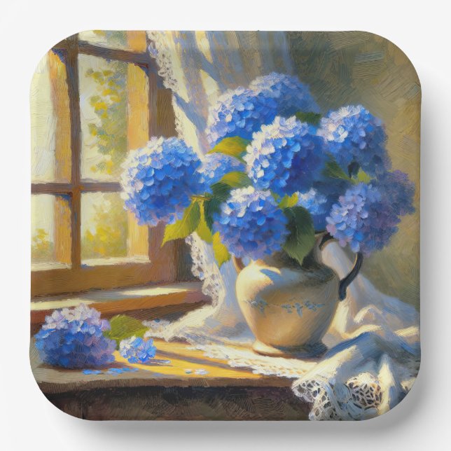 Blue Hydrangea Bouquet Paper Plate (Front)
