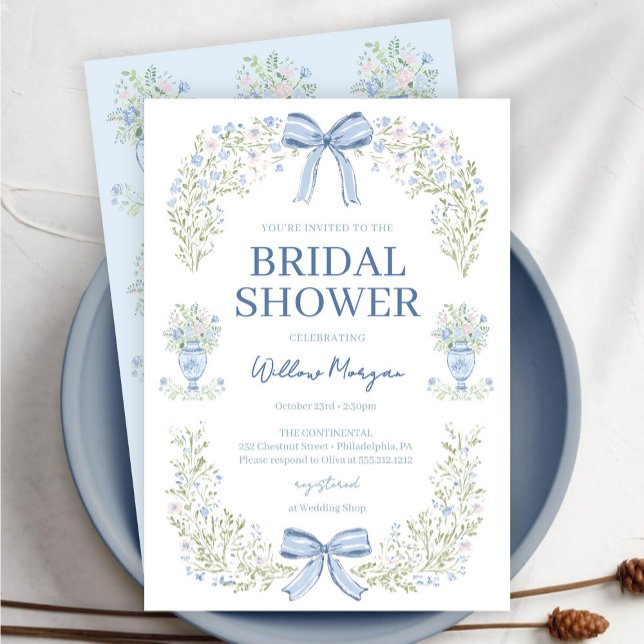 Blue Hydrangea Bow Bridal Shower Invitation (Creator Uploaded)