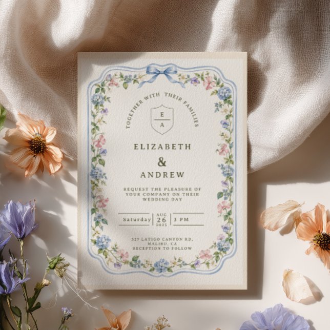 Blue Hydrangea Bow Cottage Garden Wedding Invitation (Creator Uploaded)
