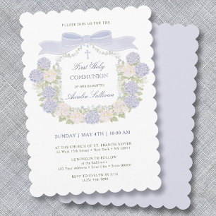 Blue Hydrangea Bow Frame First Holy Communion Invitation