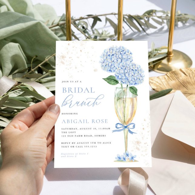 Blue Hydrangea Bridal Brunch Gold Champagne Invitation (Creator Uploaded)