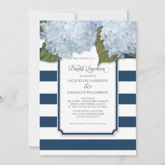 Blue Hydrangea Bridal Luncheon Navy Stripe Modern Invitation (Front)