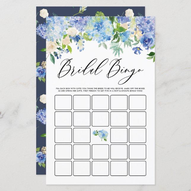 Blue Hydrangea Bridal Shower Bingo Game Card (Front/Back)