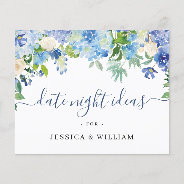 Blue Hydrangea Bridal Shower Date Night Idea Card (Front)
