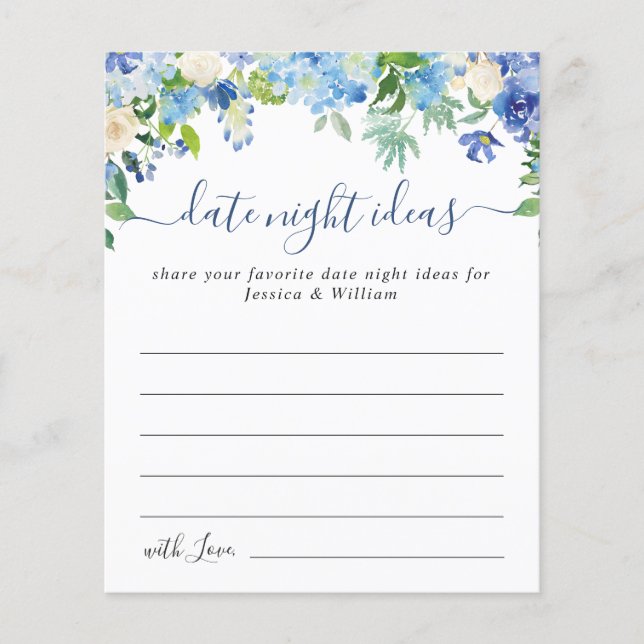 Blue Hydrangea Bridal Shower Date Night Idea Card (Front)