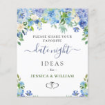 Blue Hydrangea Bridal Shower Date Night Idea Card<br><div class="desc">Blue Hydrangea Bridal Shower Date Night Idea Card.
For further customisation,  please click the "customise further" link. If you need help,  contact me please.</div>