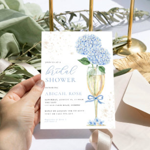 Blue Hydrangea Bridal Shower Gold Champagne Invitation