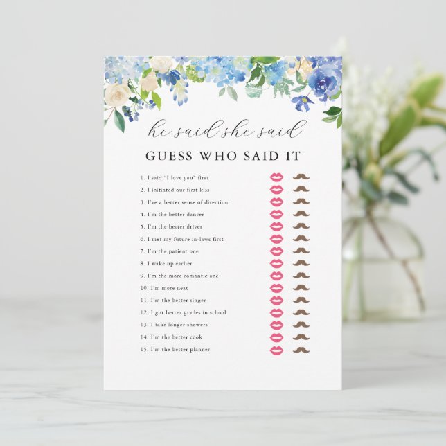 Blue Hydrangea Bridal Shower He said She Said Game Invitation (Standing Front)