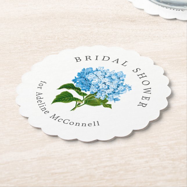 Blue Hydrangea Bridal Shower Paper Coaster (Angled)