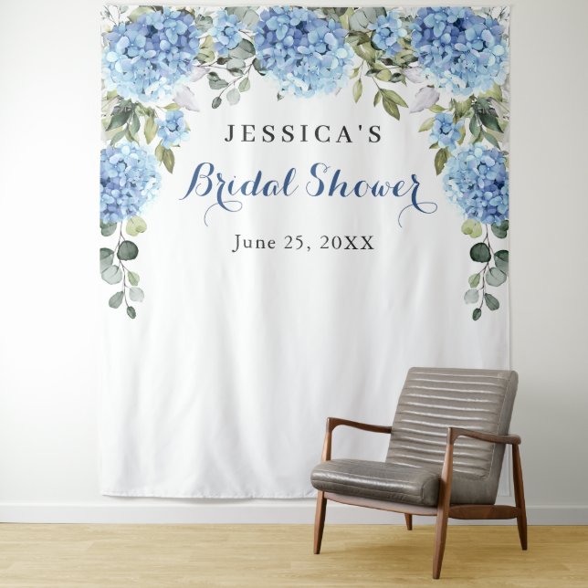 Blue Hydrangea Bridal Shower Photo Backdrop Tapestry (In Situ)