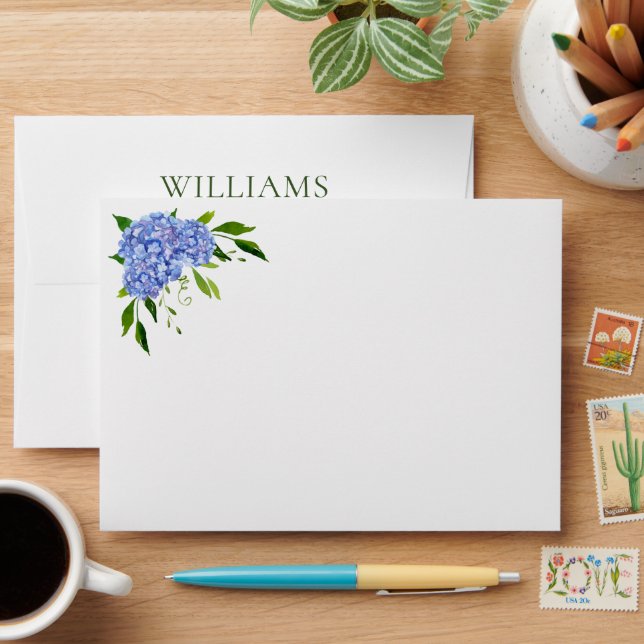 Blue Hydrangea Bridal Shower Return Address Envelope (Desk)
