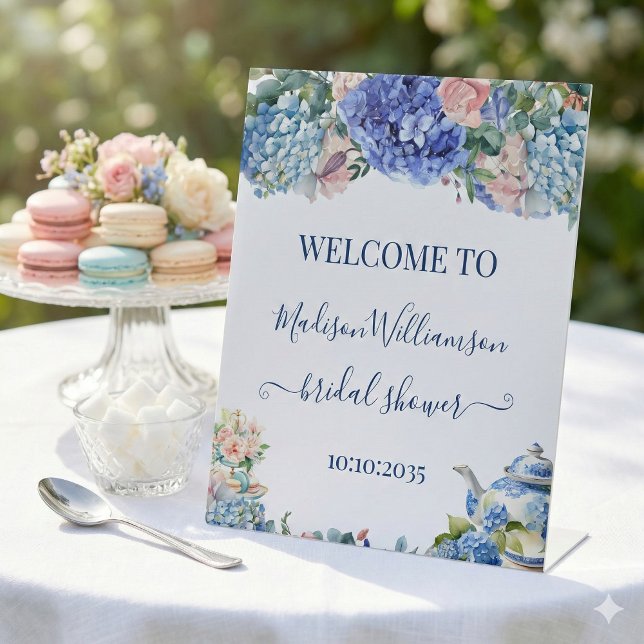 Blue Hydrangea Bridal Shower Tea Welcome  Pedestal Sign (Creator Uploaded)