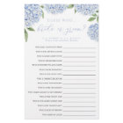 Blue Hydrangea Bride or Groom Paper Game Card
