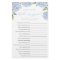 Blue Hydrangea Bride or Groom Paper Game Card