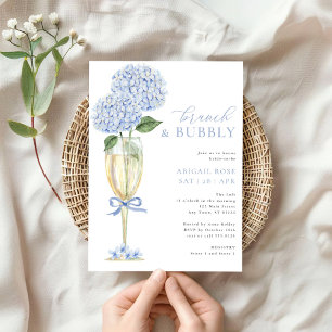 Blue Hydrangea Brunch and Bubbly Champagne Glass Invitation