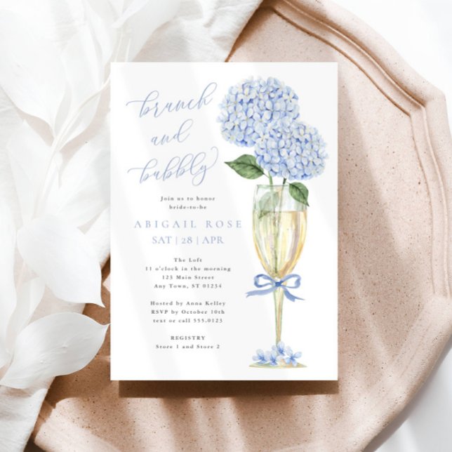Blue Hydrangea Brunch and Bubbly Gold Champagne Invitation (Beautiful blue hydrangea flowers in a gold champagne flute.)