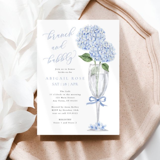 Blue Hydrangea Brunch and Bubbly Silver Champagne Invitation (Creator Uploaded)