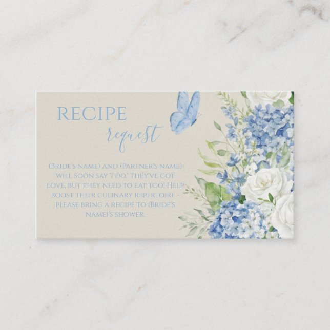  Blue Hydrangea Butterfly Bridal Shower Recipe  Enclosure Card (Front)