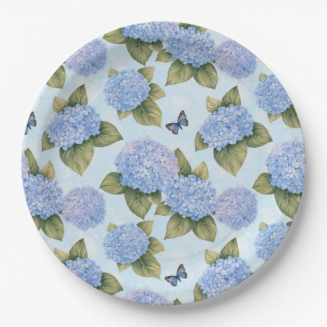 Blue Hydrangea & Butterfly Garden Paper Plates (Front)