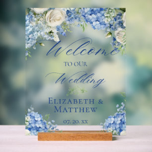 Blue Hydrangea Calligraphy Script Wedding Welcome Acrylic Sign