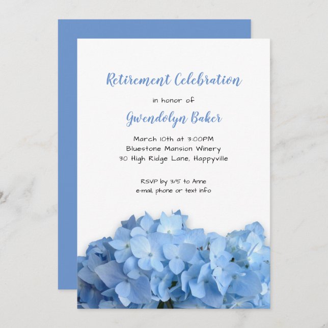 Blue Hydrangea Celebration Retirement Birthday Invitation (Front/Back)
