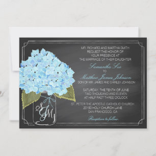 Blue Hydrangea Chalkboard Rustic Wedding Invitation