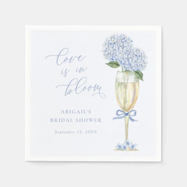 Blue Hydrangea Champagne Glass & Bow Love in Bloom Napkin (Front)