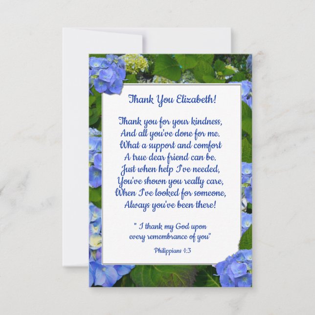 Blue Hydrangea Christian Friend Custom Text Thank You Card (Front)
