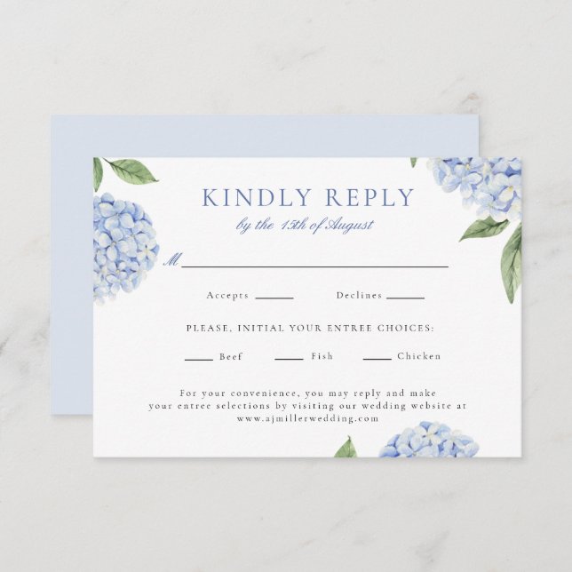 Blue Hydrangea Classic Food Choice Wedding Reply RSVP Card (Front/Back)