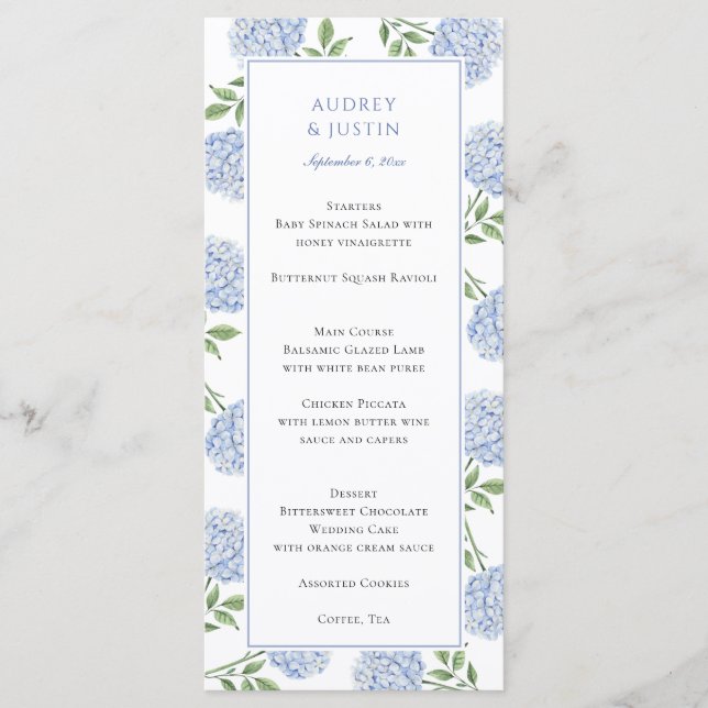 Blue Hydrangea Classic Wedding Dinner Menu (Front)