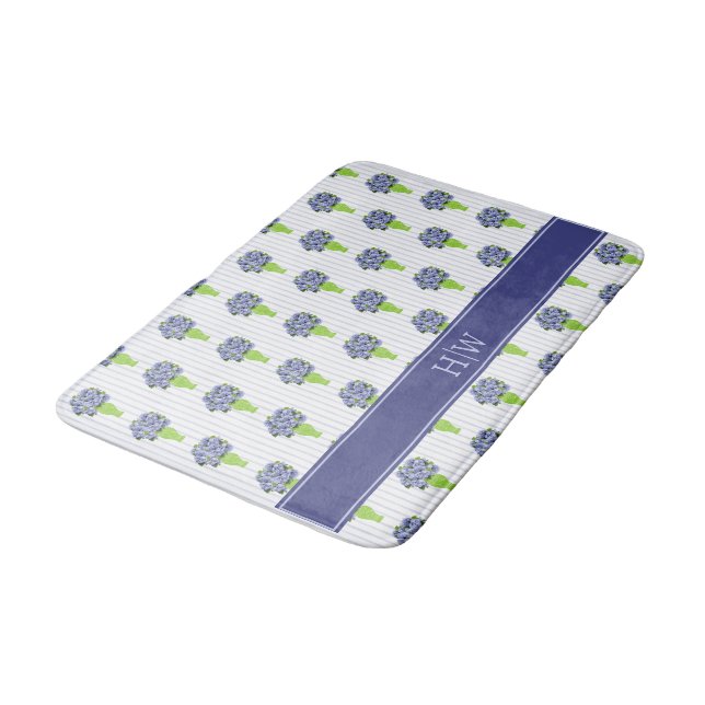 Blue Hydrangea Coastal Floral Vase Monogram Bath Mat (Angled)