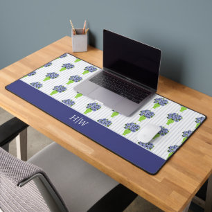 Blue Hydrangea Coastal Floral Vase Monogram  Desk Mat