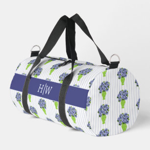 Blue Hydrangea Coastal Floral Vase Monogram Duffle Bag