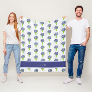 Blue Hydrangea Coastal Floral Vase Monogram  Fleece Blanket
