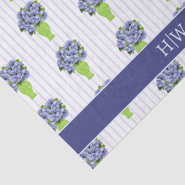 Blue Hydrangea Coastal Floral Vase Monogram Tissue Paper (Detail)