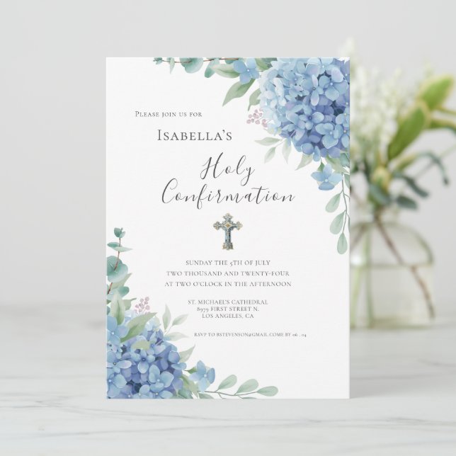 Blue Hydrangea Confirmation Religious Invitation (Standing Front)