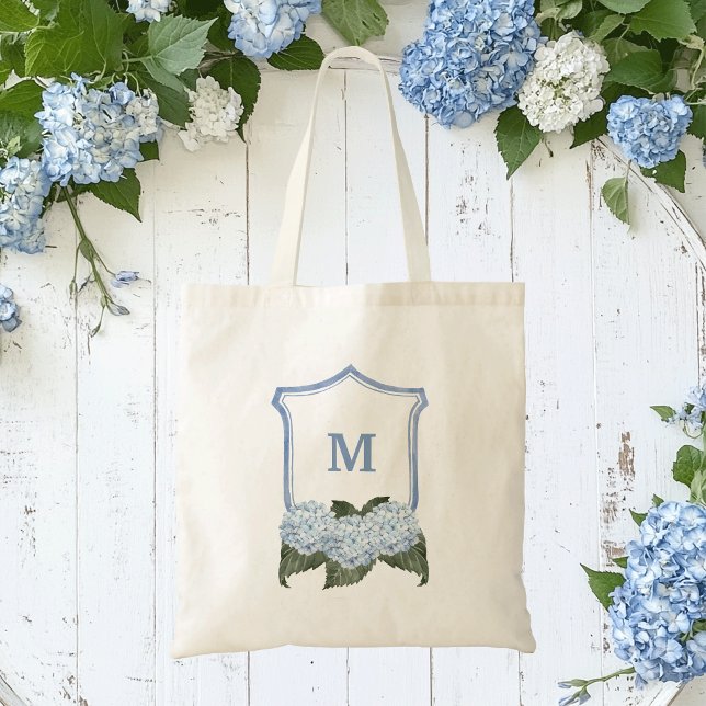 Blue Hydrangea Crest and Basket Personalized  Tote Bag (Monogram blue hydrangea tote bag)