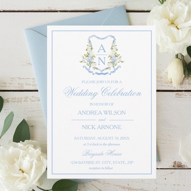 Blue Hydrangea Crest Monogram Wedding Invitation (Blue Hydrangea Crest Monogram Invitation)