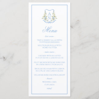 Blue Hydrangea Crest Monogram Wedding Menu
