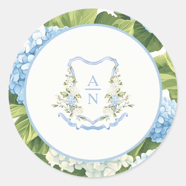 Blue Hydrangea Crest Monogram Wedding Stickers (Front)