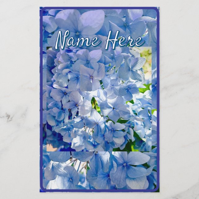 Blue Hydrangea Custom Name Stationery (Front)