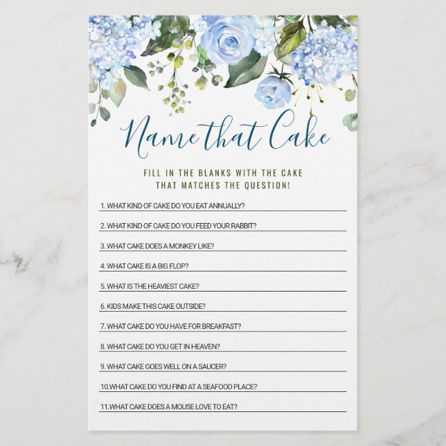 Blue Hydrangea Double-Sided Bridal Shower Game (Front)