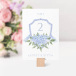 Blue Hydrangea Elegant Watercolor Wedding Crest  Table Number<br><div class="desc">This beautiful floral table number card features a watercolor blue crest with hydrangea flowers and your custom text on both sides of the card. Use the template to fill in your information. The "Customise further" feature can be used to change the font (size, style, colour), add more lines of text...</div>