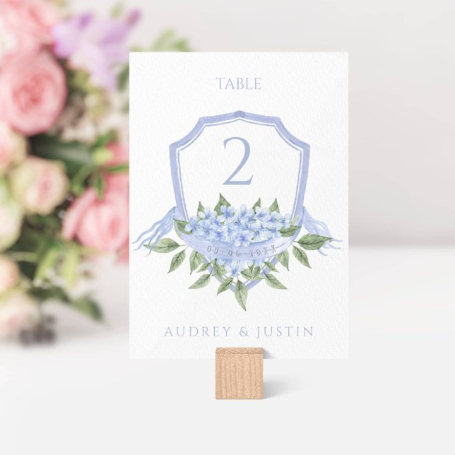 Blue Hydrangea Elegant Watercolor Wedding Crest  Table Number (Creator Uploaded)