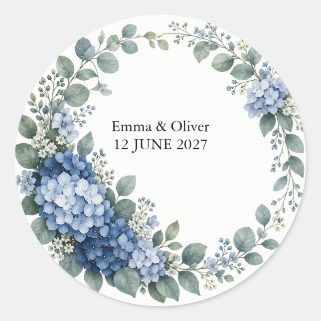 Blue Hydrangea Eucalyptus Wedding Favour Seal (Front)