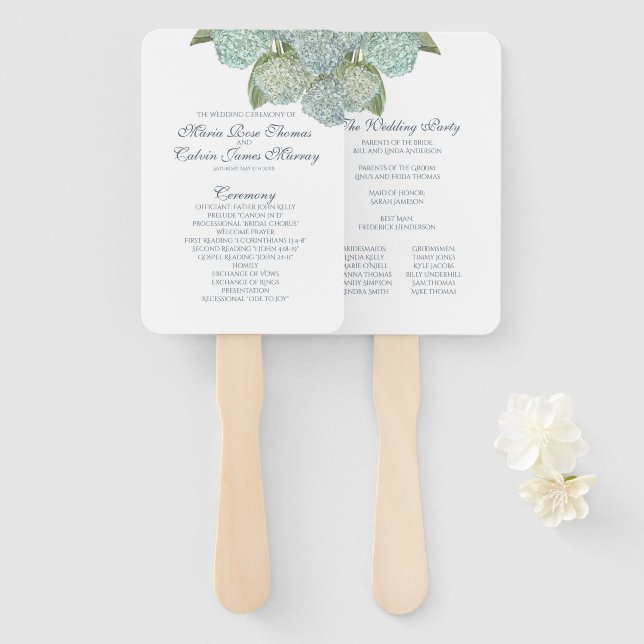 Blue Hydrangea Fan Wedding Program (Front and Back)