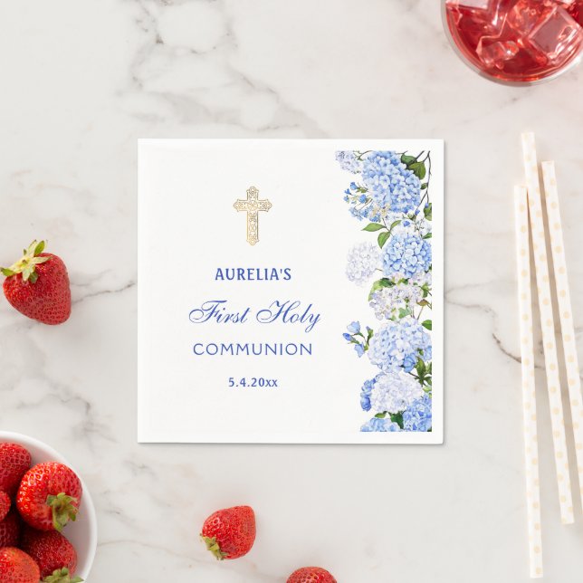 Blue Hydrangea First Communion Napkin (Insitu)