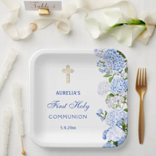 Blue Hydrangea First Communion Paper Plate
