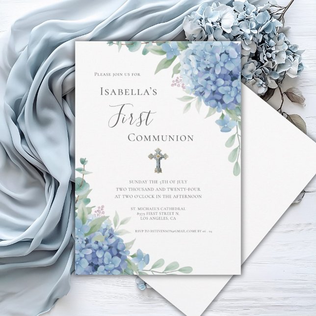 Blue Hydrangea First Communion Religious  Invitation (Creator Uploaded)